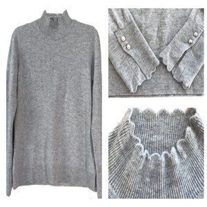 Nanette Lepore Gray M 100% Cashmere 2 Ply Scalloped Mock Neck Button Cuffs